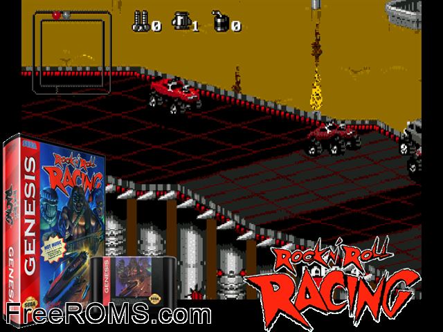 Rock n' Roll Racing Genesis game showing 3D box cover and gameplay screenshot