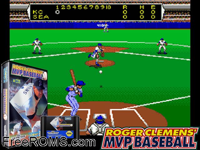 Roger Clements' MVP Baseball Genesis game showing 3D box cover and gameplay screenshot