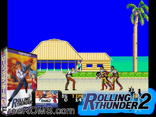 Rolling Thunder 2 (Japan) Genesis game showing 3D box cover and gameplay screenshot