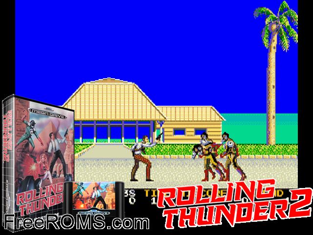 Rolling Thunder 2 Genesis game showing 3D box cover and gameplay screenshot