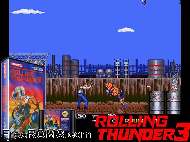 Rolling Thunder 3 Genesis game showing 3D box cover and gameplay screenshot