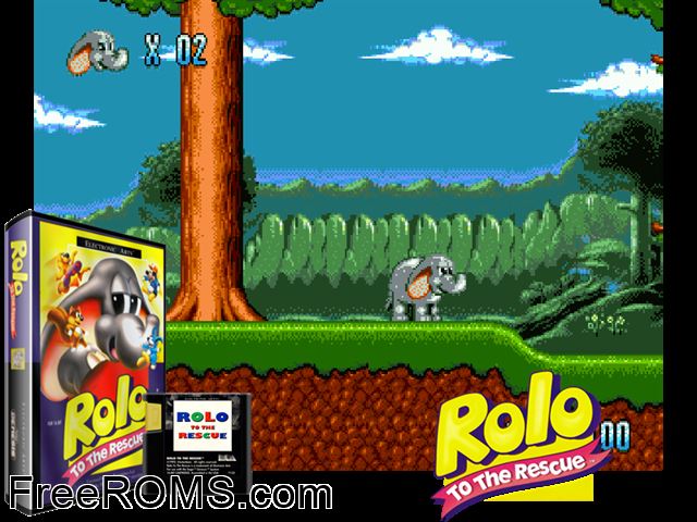 Rolo to the Rescue Genesis game showing 3D box cover and gameplay screenshot