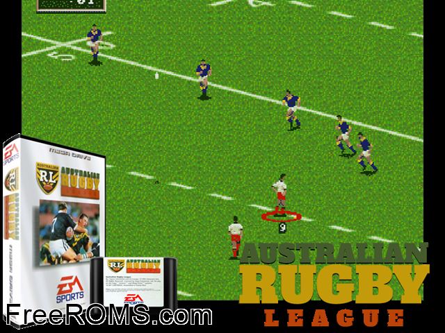 Australian Rugby League Genesis game showing 3D box cover and gameplay screenshot