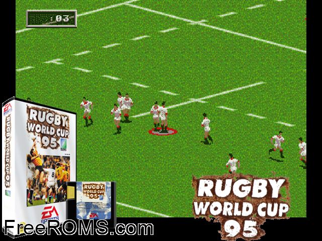 Rugby World Cup 1995 Genesis game showing 3D box cover and gameplay screenshot