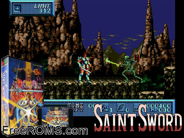 Saint Sword (Japan) Genesis game showing 3D box cover and gameplay screenshot