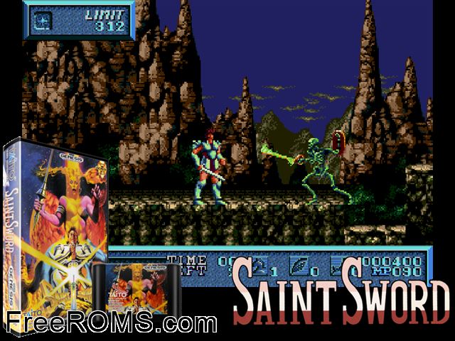 Saint Sword Genesis game showing 3D box cover and gameplay screenshot