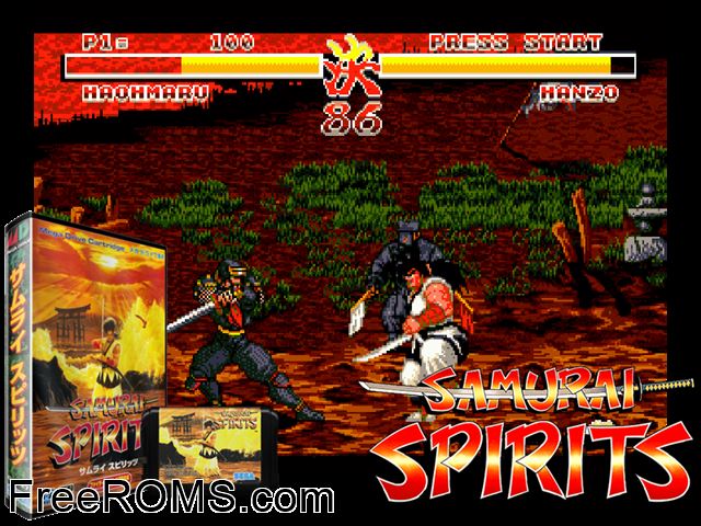 Samurai Spirits (Japan) Genesis game showing 3D box cover and gameplay screenshot