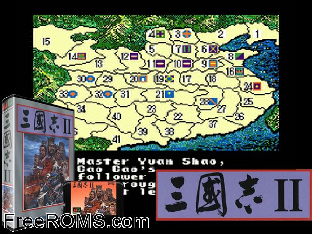 Sangokushi II (Japan) Genesis game showing 3D box cover and gameplay screenshot