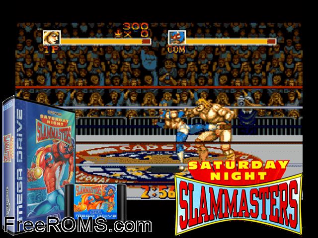 Saturday Night Slam Masters Genesis game showing 3D box cover and gameplay screenshot