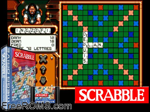 Scrabble (Beta) Genesis game showing 3D box cover and gameplay screenshot