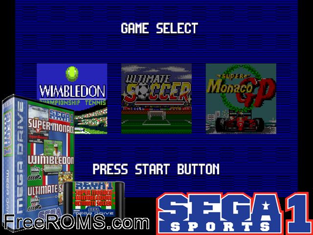 Sega Sports 1 (Wimbledon, Ult.Soccer, Super Monaco) Genesis game showing 3D box cover and gameplay screenshot