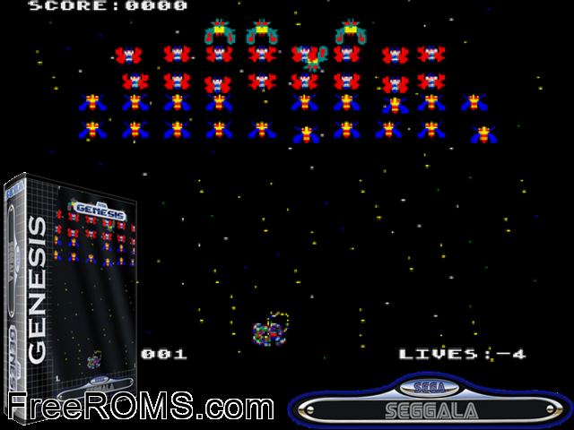 SegGala V0.06 by Bill Eubanks (Public Domain) Genesis game showing 3D box cover and gameplay screenshot