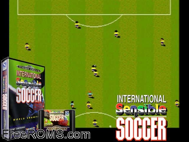 Sensible Soccer - International Edition Genesis game showing 3D box cover and gameplay screenshot