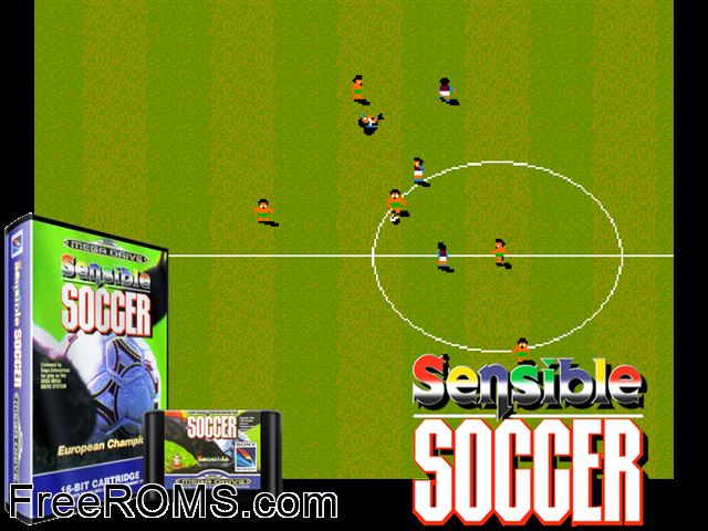 Sensible Soccer Genesis game showing 3D box cover and gameplay screenshot