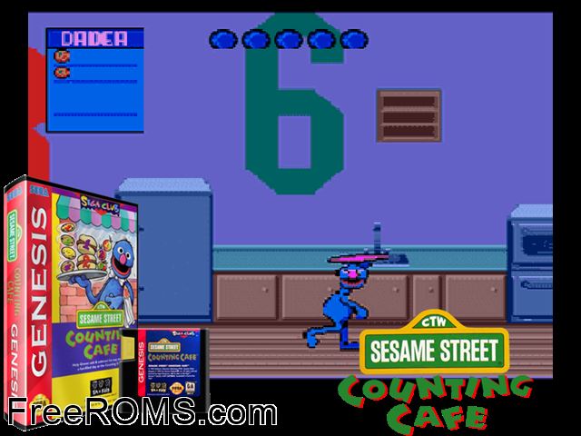 Sesame Street Counting Cafe Genesis game showing 3D box cover and gameplay screenshot