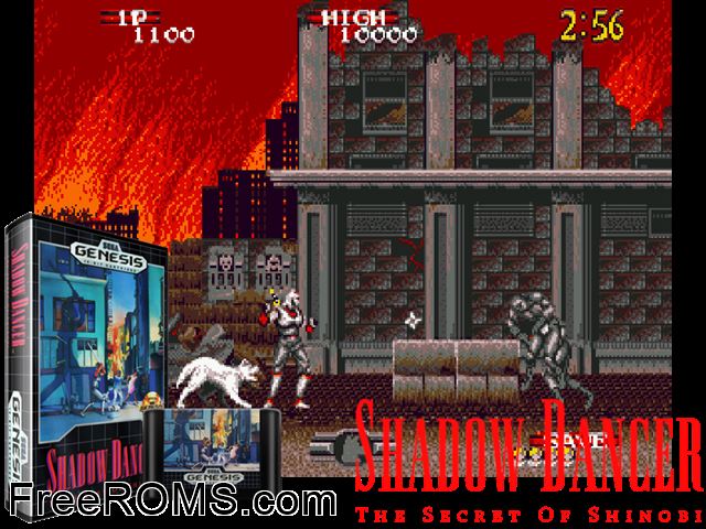 Shadow Dancer - The Secret of Shinobi Genesis game showing 3D box cover and gameplay screenshot