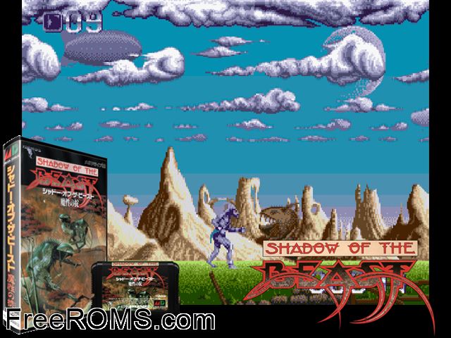 Shadow of the Beast (Japan) Genesis game showing 3D box cover and gameplay screenshot