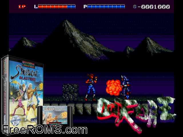Shadow Blasters Genesis game showing 3D box cover and gameplay screenshot