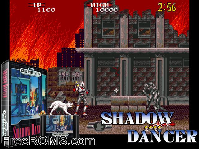 Shadow Dancer Jap Genesis game showing 3D box cover and gameplay screenshot
