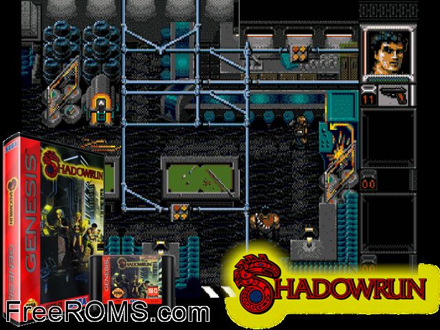 Shadowrun Genesis game showing 3D box cover and gameplay screenshot