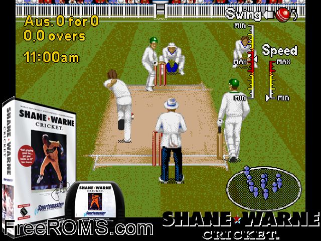 Shane Warne Cricket Genesis game showing 3D box cover and gameplay screenshot