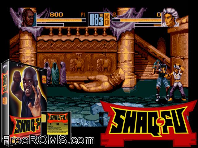 Shaq Fu Genesis game showing 3D box cover and gameplay screenshot