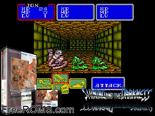 Shining and the Darkness (Japan) Genesis game showing 3D box cover and gameplay screenshot