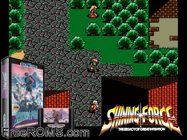 Shining Force Genesis game showing 3D box cover and gameplay screenshot