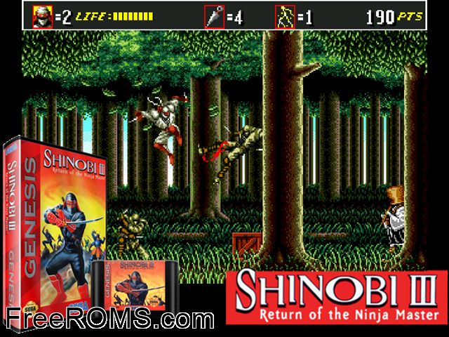 Shinobi III Genesis game showing 3D box cover and gameplay screenshot