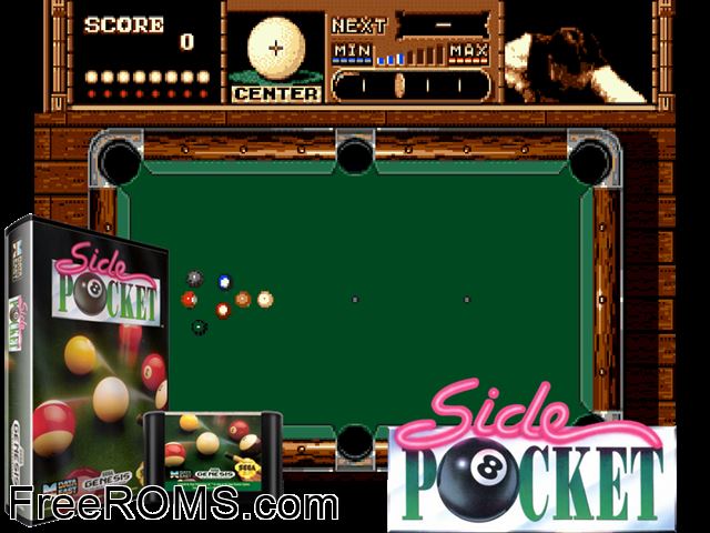 Side Pocket Genesis game showing 3D box cover and gameplay screenshot