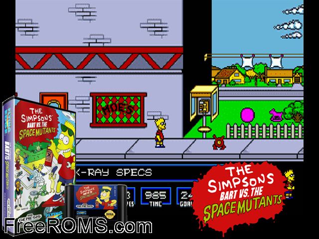 Simpsons, The - Bart vs The Space Mutants (REV01) Genesis game showing 3D box cover and gameplay screenshot