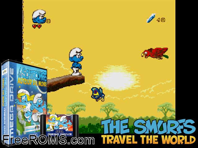 Smurfs II Europe Genesis game showing 3D box cover and gameplay screenshot