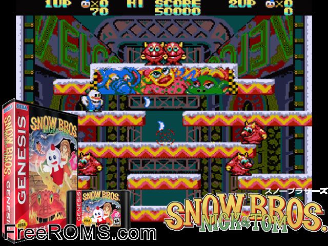 Snowbros: Nick and Tom Genesis game showing 3D box cover and gameplay screenshot