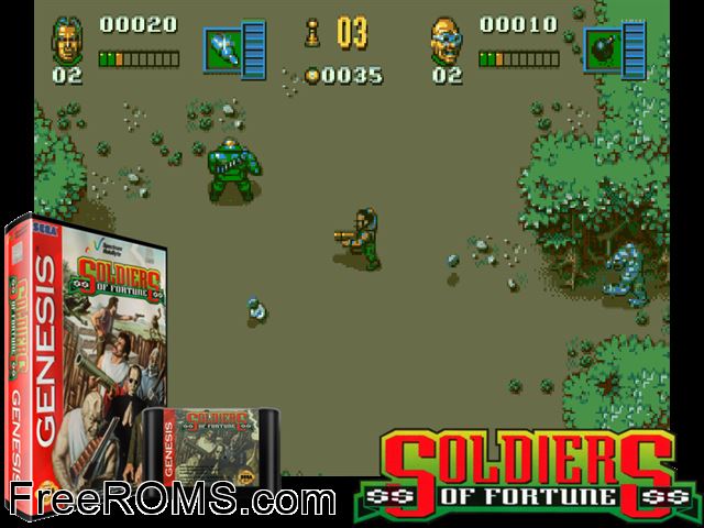 Soldiers of Fortune Genesis game showing 3D box cover and gameplay screenshot