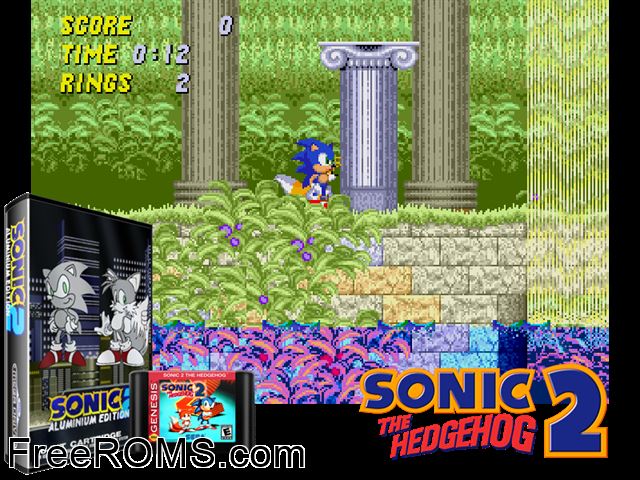 Sonic 2 Aluminum Edition V3.1 by Dr. Eggfan (S2 Hack) Genesis game showing 3D box cover and gameplay screenshot