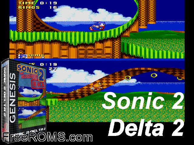 Sonic 2 Delta II V1.0 by Esrael (S2 Hack) Genesis game showing 3D box cover and gameplay screenshot