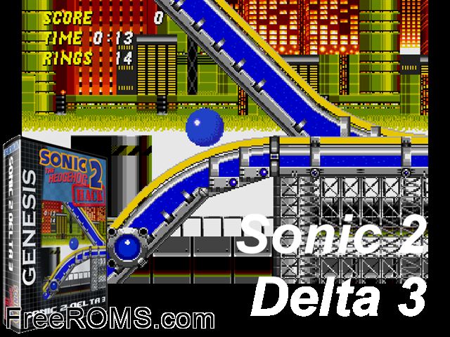 Sonic 2 Delta III V0.2 (S2 Hack) Genesis game showing 3D box cover and gameplay screenshot