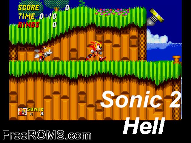 Sonic 2 Hell by Chaos Master (S2 Hack) Genesis game showing 3D box cover and gameplay screenshot
