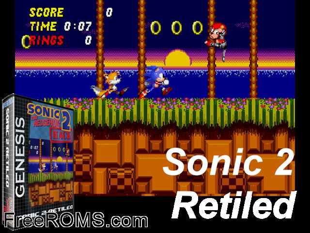 Sonic 2 Retiled by Salus (S2 Hack) Genesis game showing 3D box cover and gameplay screenshot