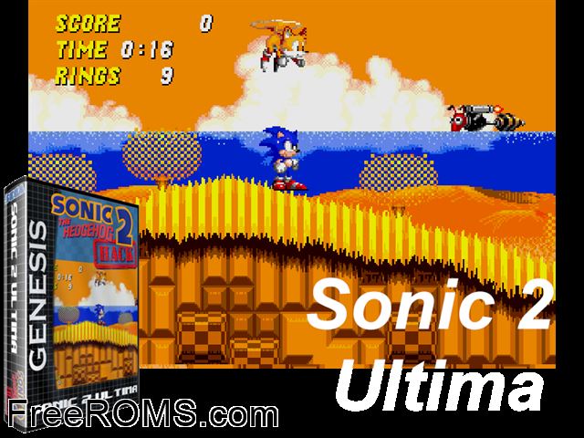 Sonic 2 Ultima V055b by Ultima (S2 Hack) Genesis game showing 3D box cover and gameplay screenshot