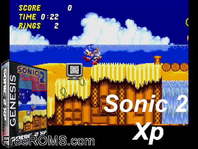 Sonic 2 XP by Overlord (S2 Hack) Genesis game showing 3D box cover and gameplay screenshot