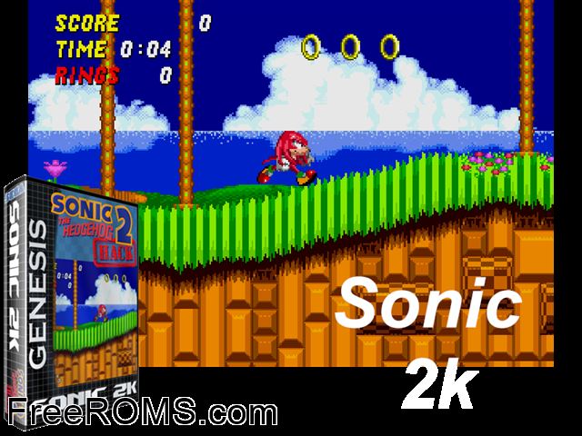 Sonic 2K 1 MB Rev 1 (S2 Hack) Genesis game showing 3D box cover and gameplay screenshot