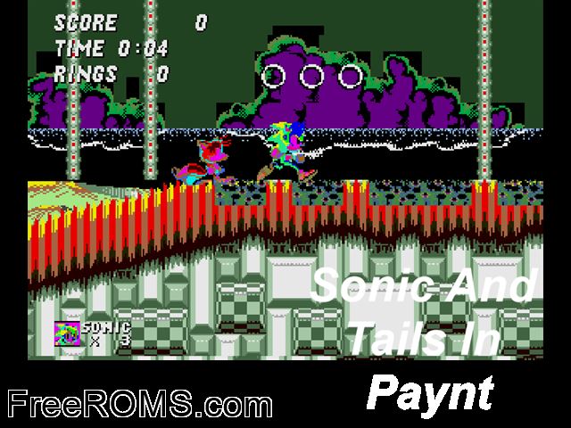 Sonic and Tails in Paynt by Monkeyman (S2 Hack) Genesis game showing 3D box cover and gameplay screenshot