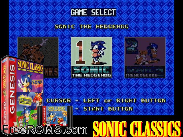 Sonic Classics (Compilation) (REV01) - Skip to Sonic 2 by Leon (Hack) Genesis game showing 3D box cover and gameplay screenshot