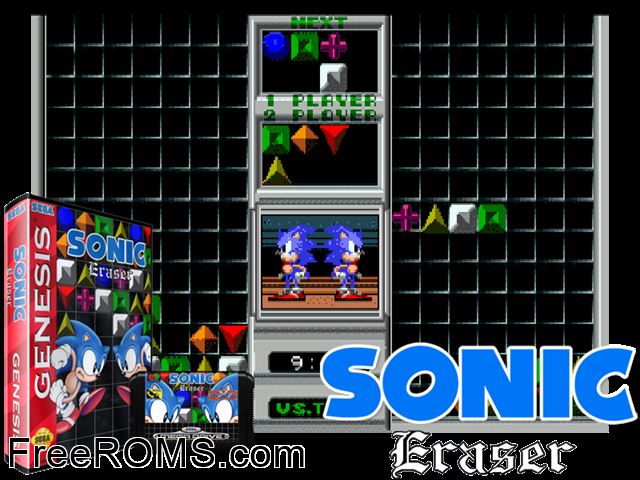 Sonic Eraser Genesis game showing 3D box cover and gameplay screenshot