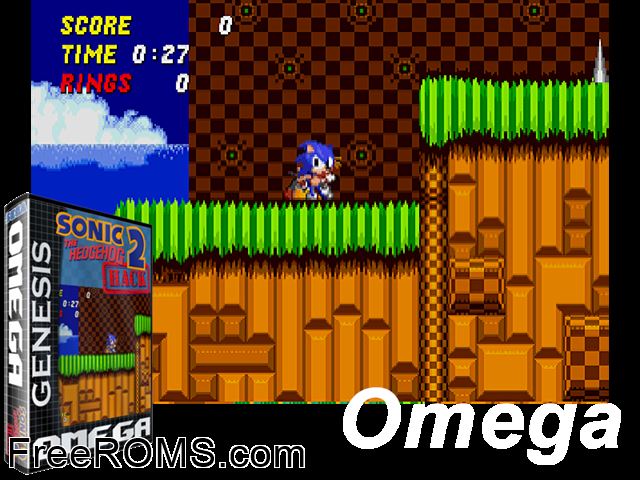 Sonic The Hedgehog 2 - Omega (S2 Hack) Genesis game showing 3D box cover and gameplay screenshot