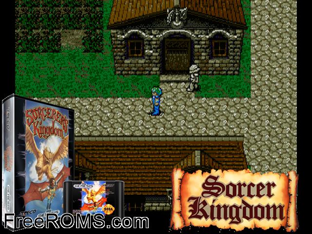 Sorcerer's Kingdom Genesis game showing 3D box cover and gameplay screenshot
