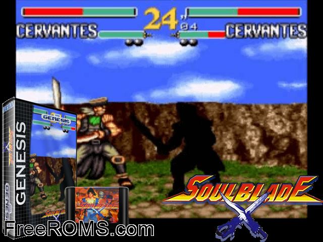 Soul Blade Genesis game showing 3D box cover and gameplay screenshot