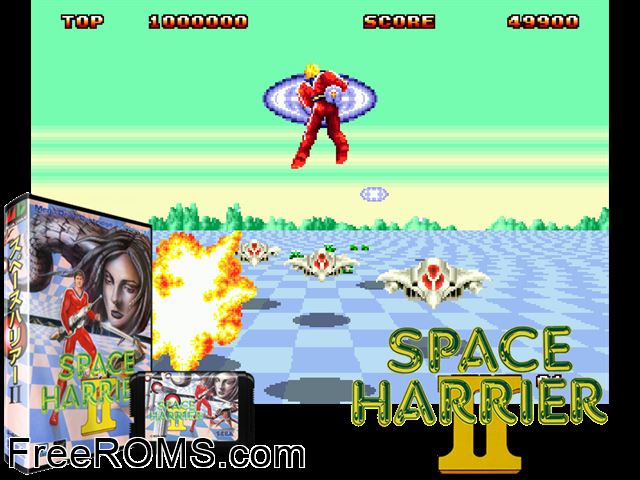 Space Harrier II (Japan) Genesis game showing 3D box cover and gameplay screenshot