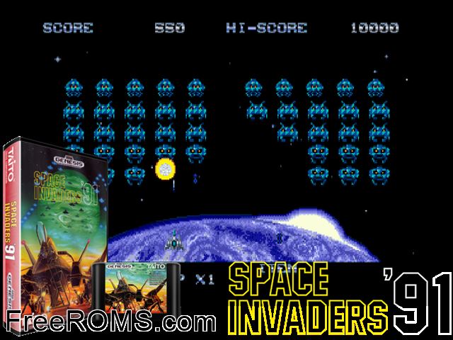 Space Invaders 91 Genesis game showing 3D box cover and gameplay screenshot